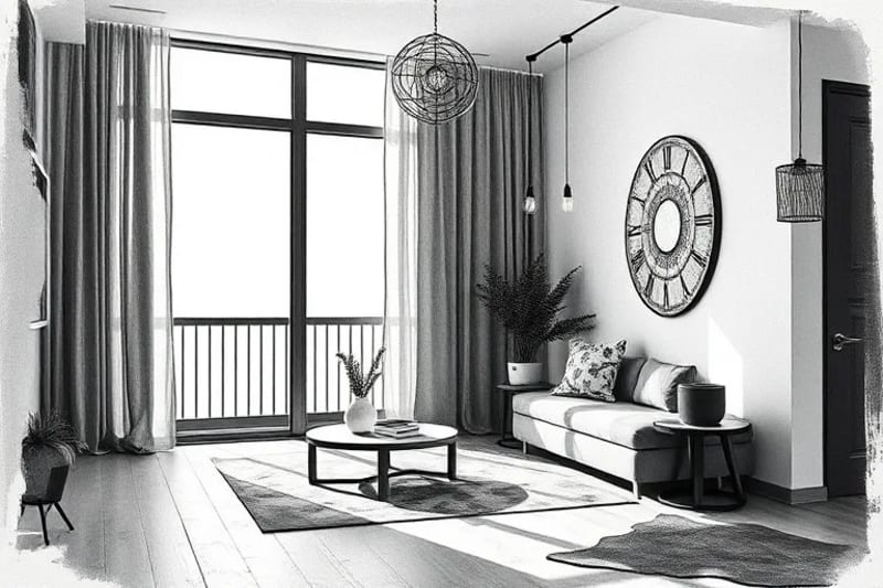 Modern apartment interior with soft light and glowing energy fields