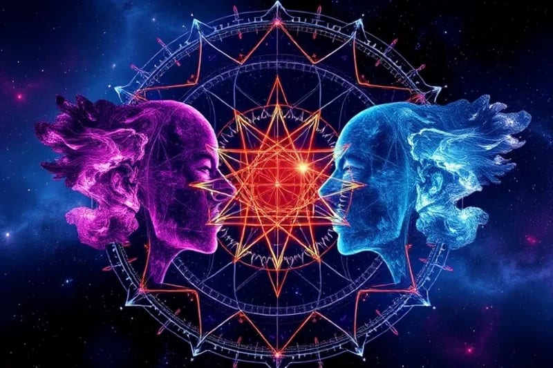 Digital art depicting intricate, glowing energetic pathways connecting two abstract, crystalline forms representing individual souls.