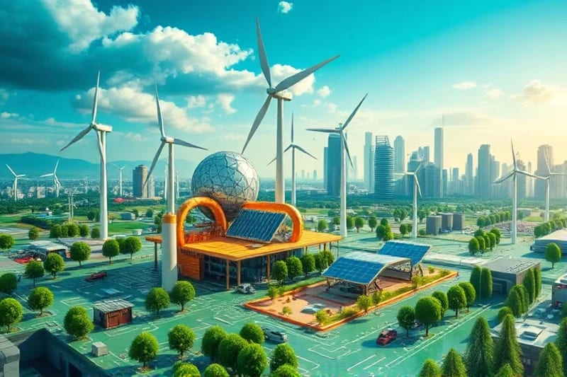 Ciudad futurista con energía limpia y símbolos financieros