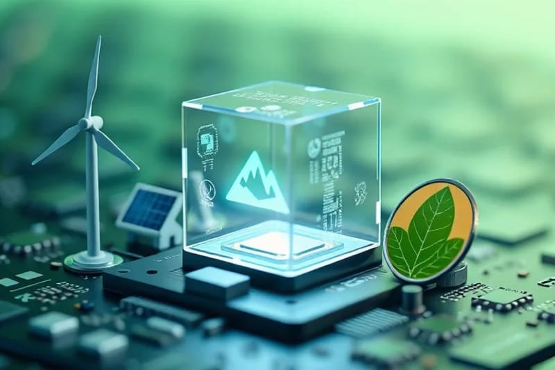 Cubo luminoso con elementos de energía renovable y tokenización