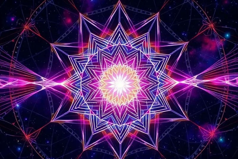 Abstract digital painting of sound waves forming geometric patterns, symbolizing linguistic energy.