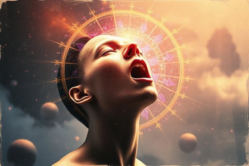 3D render of vocal cords emitting light particles forming symbolic shapes in a cosmic setting.