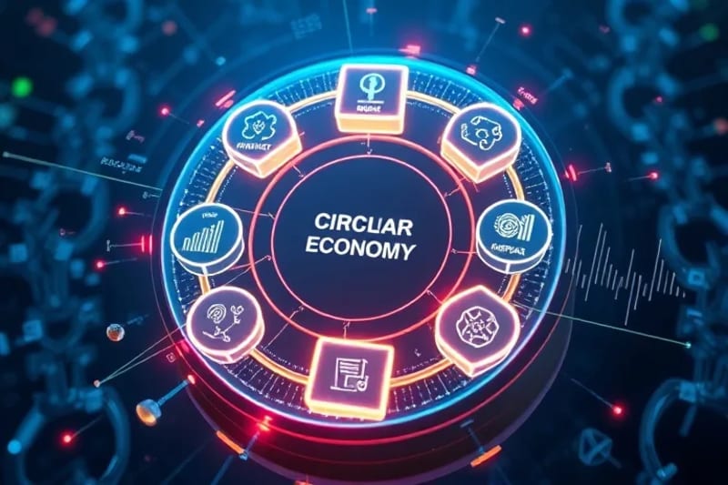 Ilustración vectorial de un diagrama de economía circular con bloques de blockchain integrados.