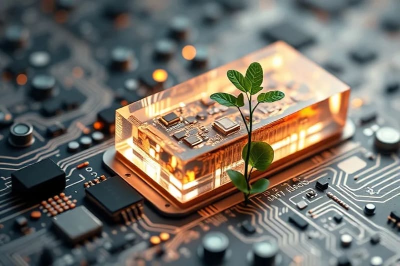 Render 3D de bloques de datos de blockchain entrelazados con elementos orgánicos y reciclados.