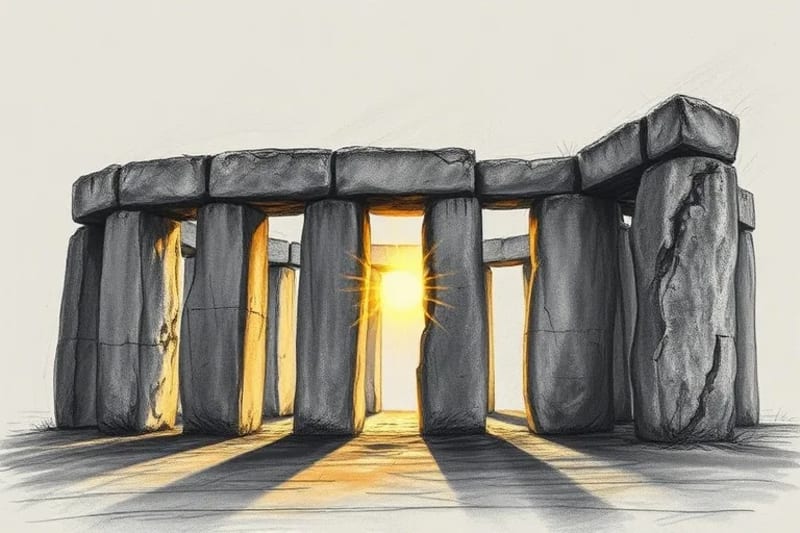 Diagram of a megalithic structure showing sunbeam alignments during solstices, illuminating ancient symbols