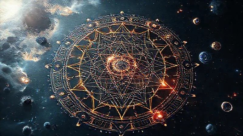 Abstract 3D render of an ancient cosmic map with futuristic elements, connecting constellations, planets, and earthly structures