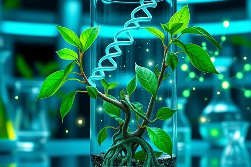 Doble hélice de ADN entrelazada con raíces y hojas de plantas, emergiendo de un matraz de laboratorio, con formas geométricas y flujos de datos abstractos.