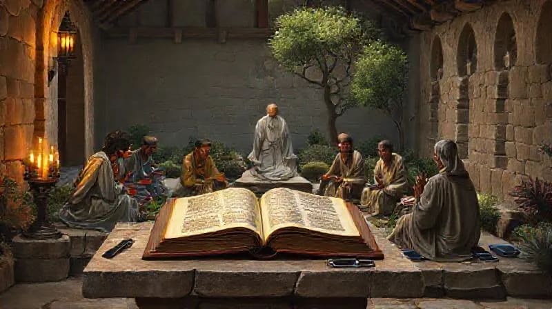 Discernimiento y quietud en la era de la distracci贸n Pintura al 贸leo de personas meditando con dispositivos digitales apagados a sus pies