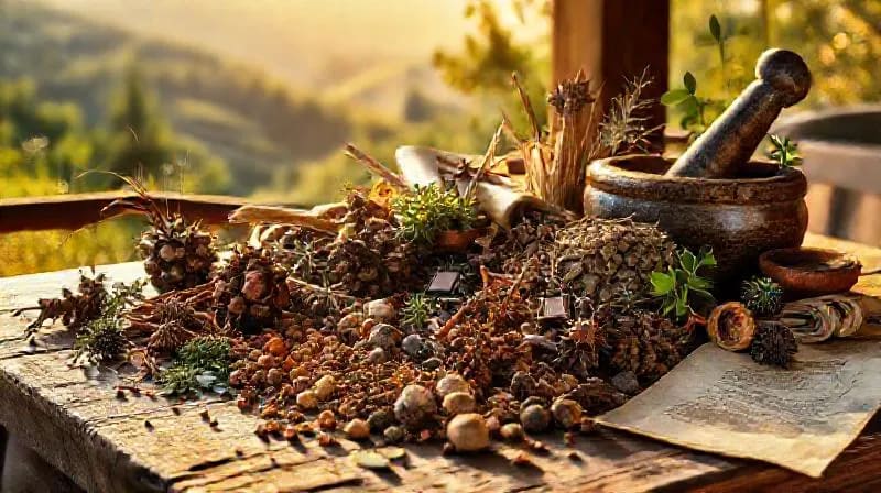 Pintura al óleo de un puesto de mercado rústico con diversas plantas medicinales, raíces y hierbas secas, junto a herramientas tradicionales. La luz cálida resalta los detalles.