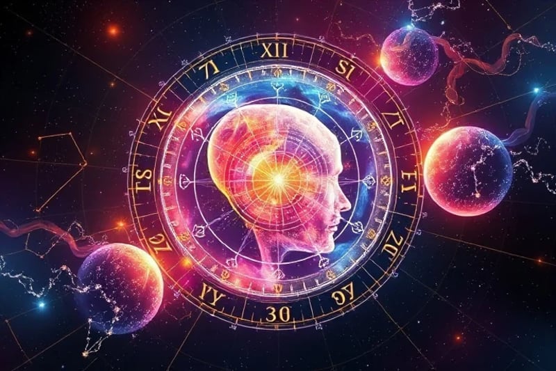Representación abstracta del aura humana como un campo de energía multicolor, influenciado por símbolos planetarios y flujos energéticos