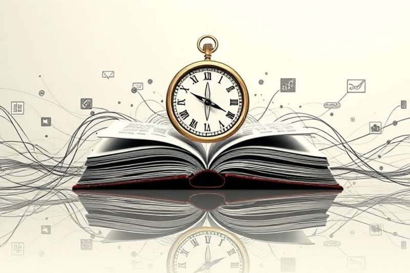 Navegando la informaci贸n con principios atemporales Representaci贸n 3D de una br煤jula antigua y un reloj digital moderno sobre libros
