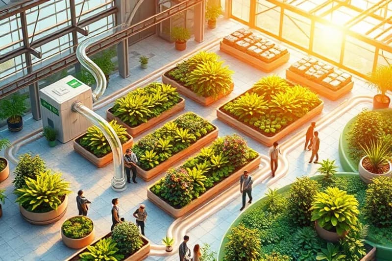 Granja urbana futurista con sistemas de agua