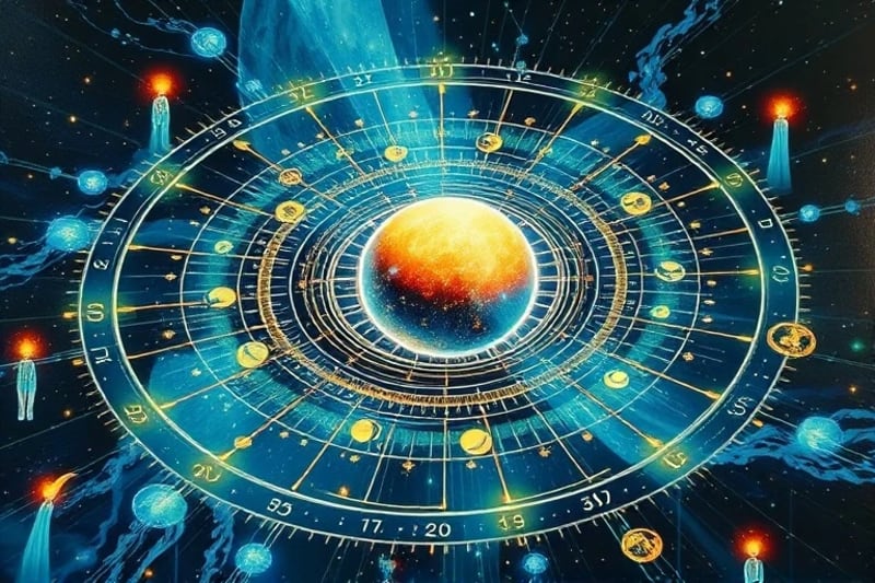 Ilustración vectorial de órbitas planetarias y flujos de datos digitales entrelazados con figuras de avatares.