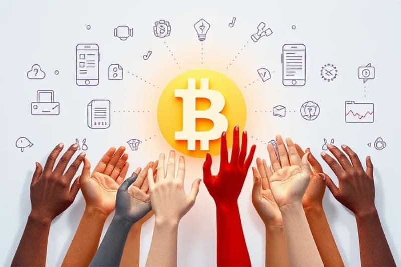 Manos diversas conectándose a un símbolo de blockchain