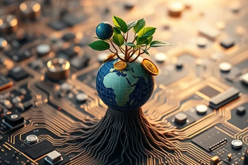Red de blockchain con planta en crecimiento y monedas digitales