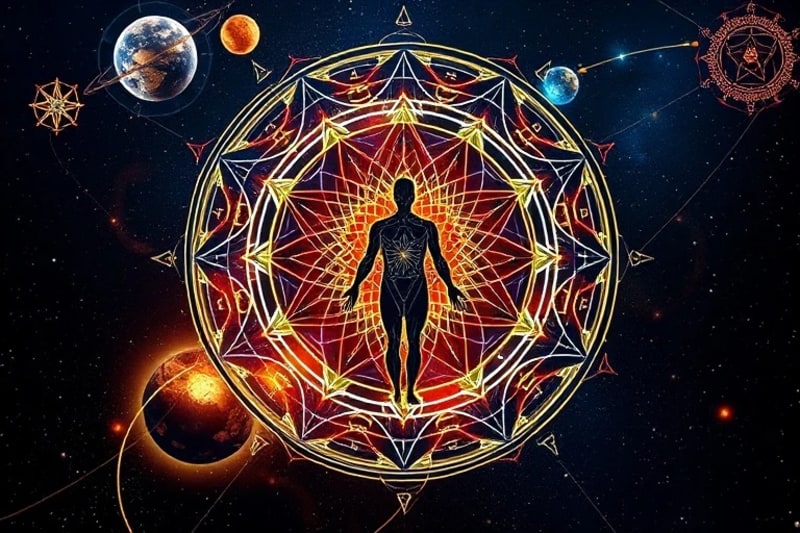 Vector art depicting a human silhouette linked to a birth chart and genetic code, symbolizing the deep connection between cosmic and biological influences on an individual's health.