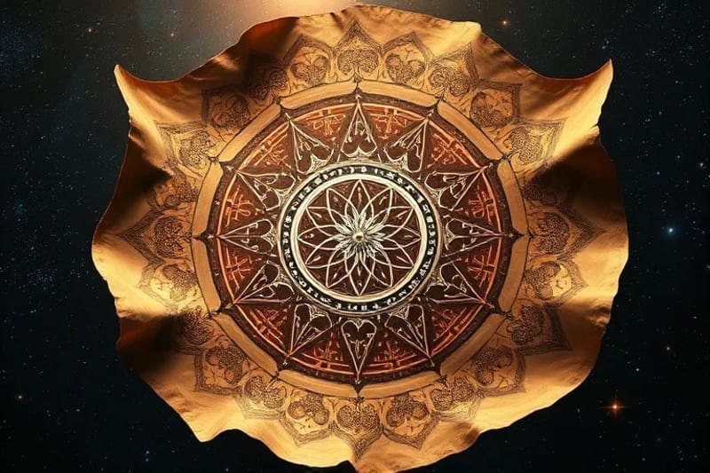 Digital painting of ancient scrolls unfurling to reveal astrological symbols alongside microscopic cellular structures, symbolizing the synthesis of ancient wisdom and modern genetics.