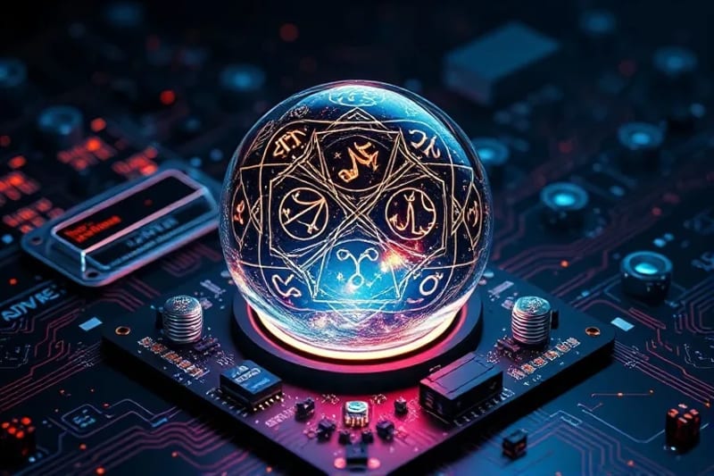 Esfera cristalina con símbolos astrológicos flotando en una red de circuitos y partículas de luz.