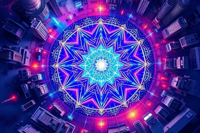 Abstract vector art of energy flow in a city, geometric shapes