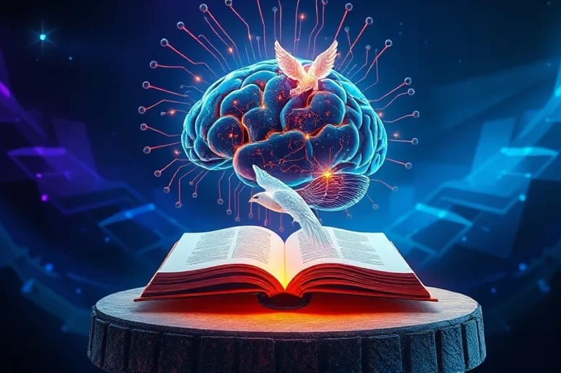 Representación abstracta de la conciencia humana fusionándose con la inteligencia artificial, un cerebro estilizado conectado a una placa de circuito, con motivos bíblicos sutiles integrados en el flujo digital.