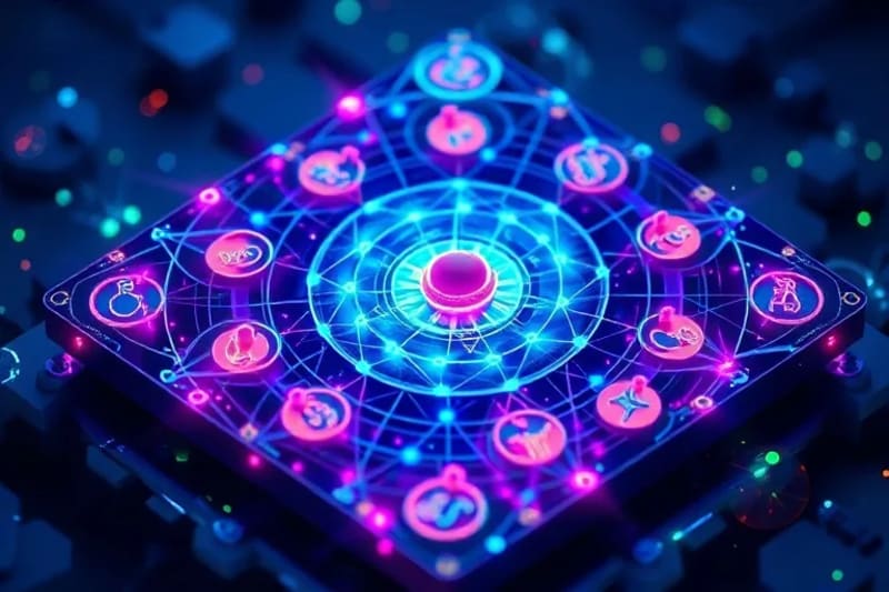 Red digital intrincada con símbolos astrológicos integrados, representando la conexión entre la tecnología y la mística.