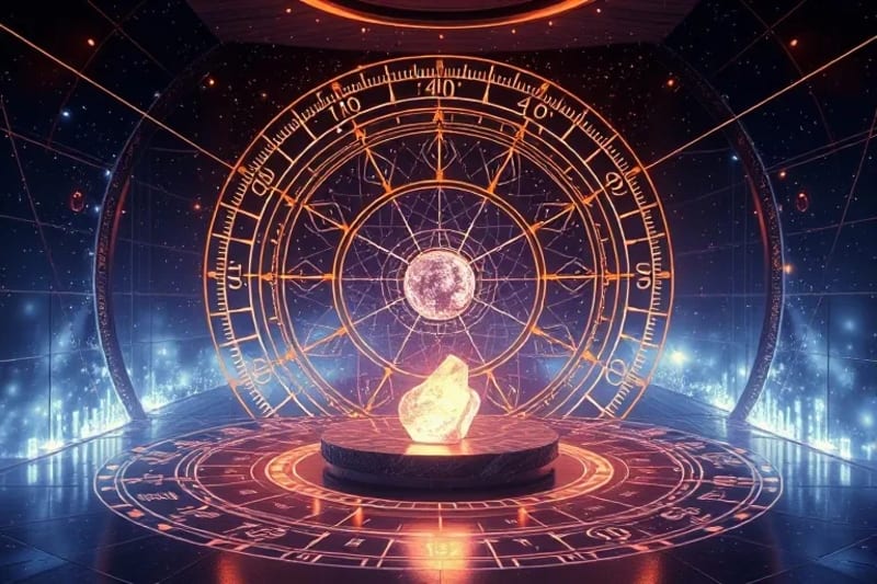 Cámara de meditación futurista con patrones geométricos y un cristal levitante, con una alineación planetaria visible en el exterior.