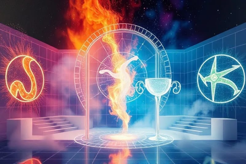 Conceptual 3D render of energetic Chi lines flowing through a translucent architectural blueprint, interacting with stylized Tarot suit symbols: a wand, a cup, a sword, and a pentacle, each emitting a distinct elemental aura.