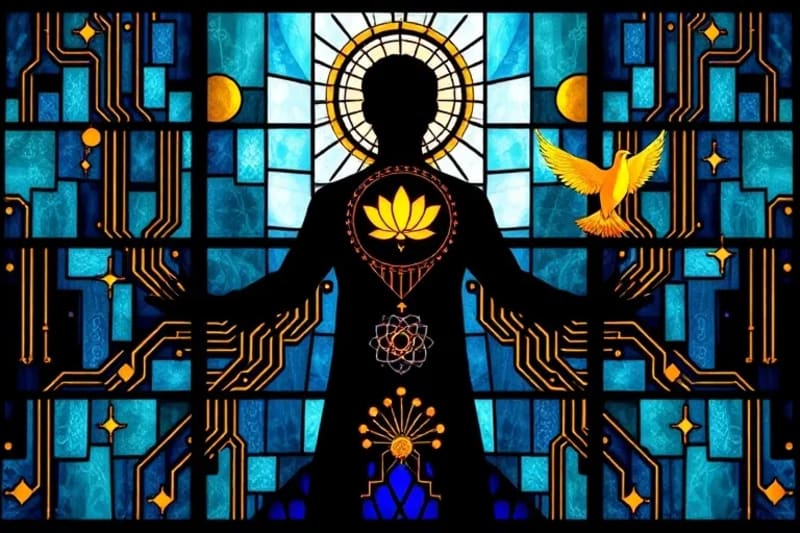 Engranajes digitales entrelazados con símbolos espirituales como una cruz y un ojo que todo lo ve