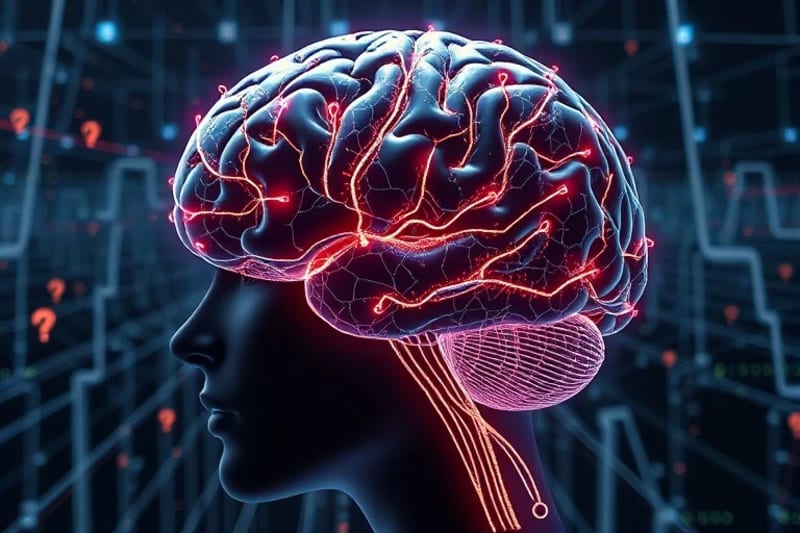 Representación conceptual de un cerebro humano conectado con tecnología, rodeado de símbolos éticos como balanzas y signos de interrogación.
