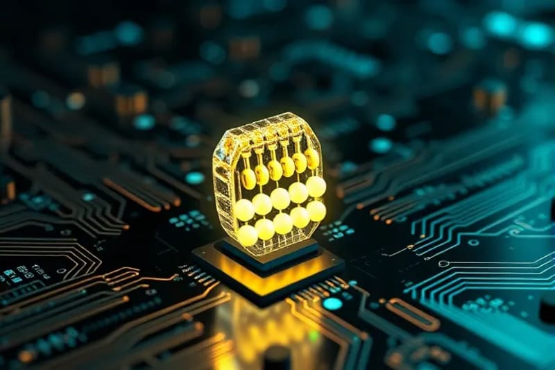 Cuenta de ábaco griega iluminada sobre una placa de circuito futurista con proyecciones holográficas