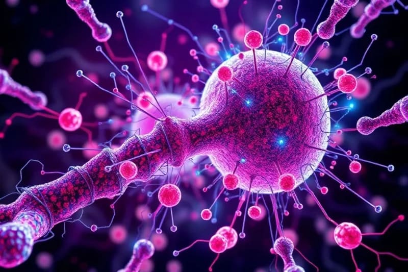 Representación artística de un complejo proceso de regeneración celular, con mitocondrias y telómeros interactuando en una red biológica vibrante.