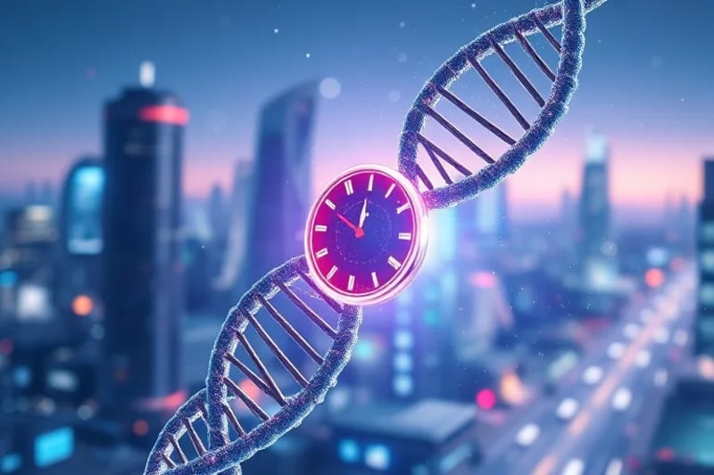 Representación conceptual de una doble hélice de ADN entrelazada con un reloj digital y una placa de Petri con células madre, simbolizando la fusión de genética, tiempo y ciencia.