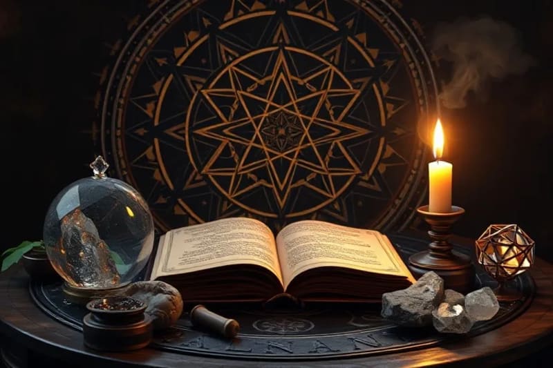 Alchemist's laboratory with crystals and dream journal