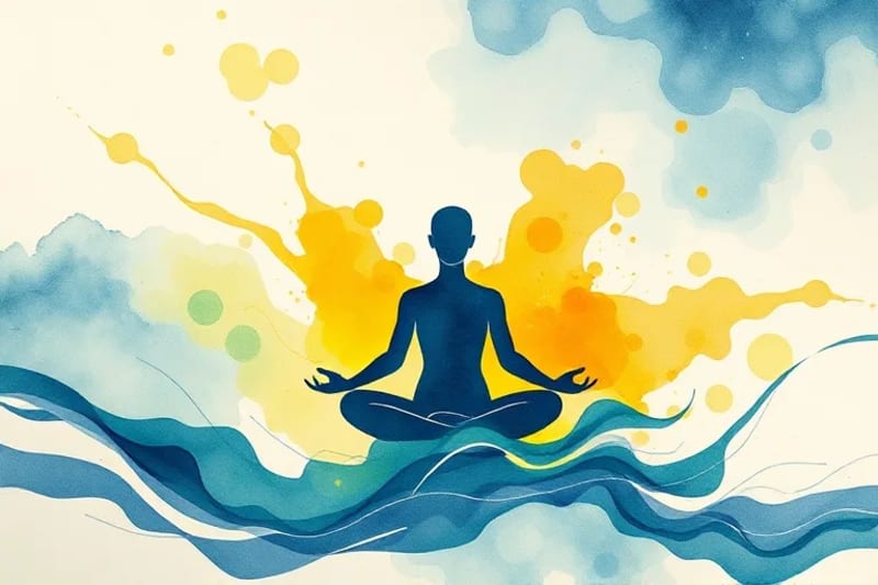 Pintura abstracta en acuarela que representa la calma mental y la energía positiva, con tonos suaves y una silueta etérea de una persona meditando.