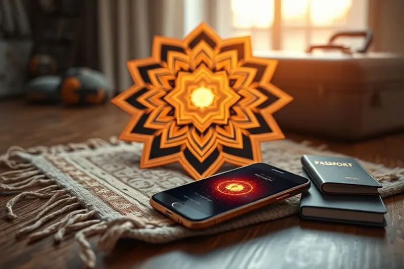 Renderizado 3D de un cojín de meditación y un smartphone con una aplicación de meditación, junto a elementos de viaje como un pasaporte, simbolizando la integración de la práctica en la vida de un nómada digital.
