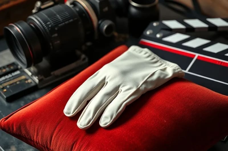 A symbolic representation of a film star's career, featuring vintage cinema equipment and elegant accessories.