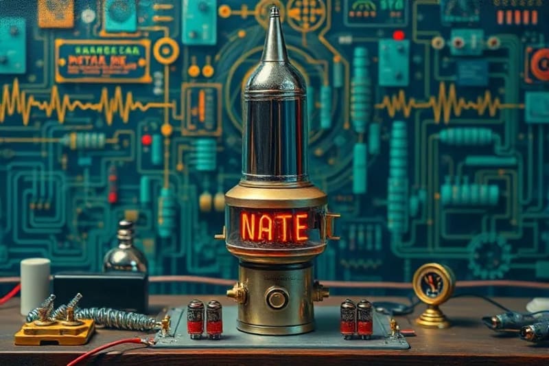Conceptual depiction of early wireless communication technology, with circuit diagrams and antique electronic components.