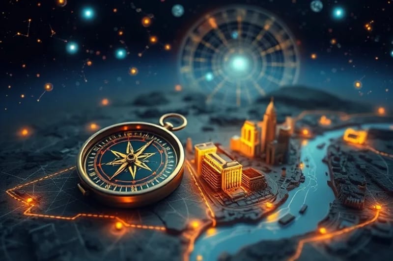 Brújula antigua sobre un mapa holográfico de ciudad, con IA