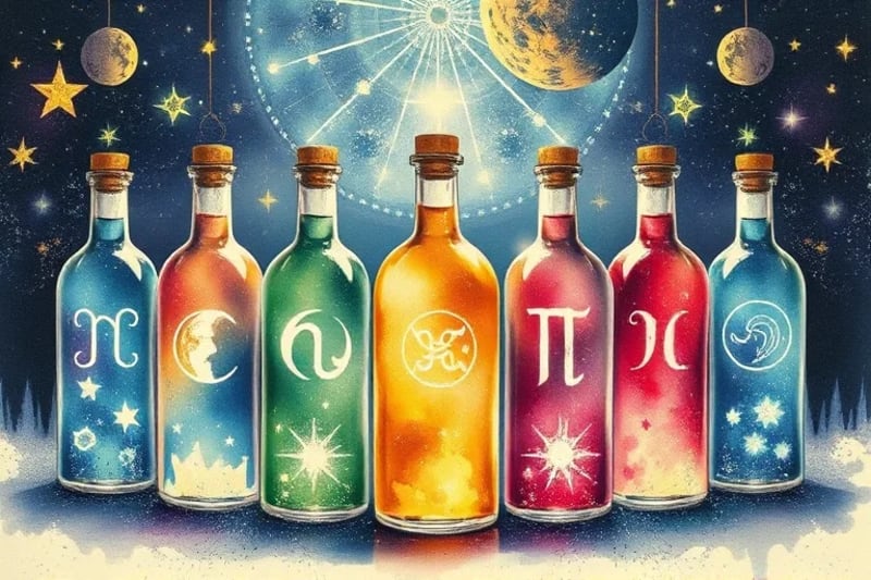 Botellas de elixir vibracional con símbolos astrológicos, rodeadas de polvo cósmico y luz estelar
