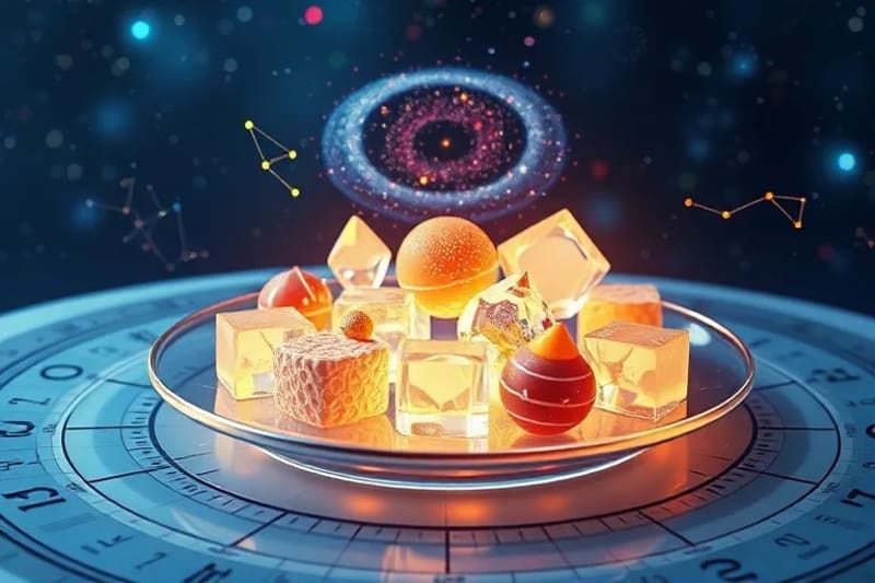 Plato de comida futurista con estructuras cristalinas que emiten luz y una galaxia en miniatura flotando encima