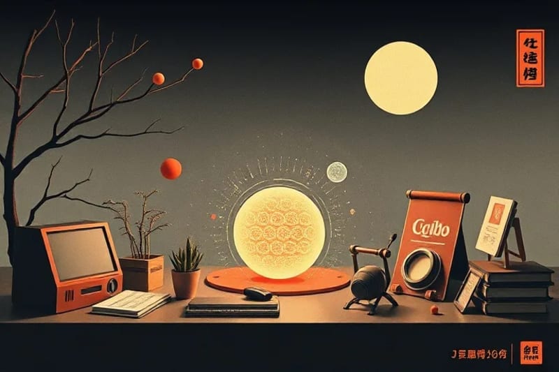 Representación 3D de elementos digitales abstractos y una esfera brillante