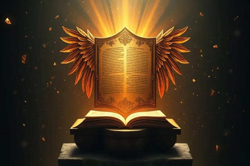 Escudo abstracto con alas angelicales, desviando fragmentos de información digital pixelada en un paisaje cibernético oscuro y caótico.