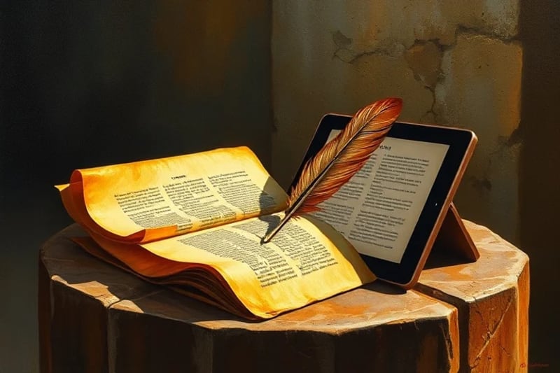 Bodegón conceptual con pergaminos antiguos y una tableta moderna, mostrando textos contrastantes. Una pluma estilizada de ángel reposa sobre la tableta, proyectando una sombra en forma de espada.