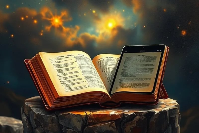 Antigua Biblia abierta junto a una tablet moderna