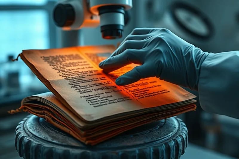 Científico forense examinando un fragmento de tela antigua bajo un microscopio