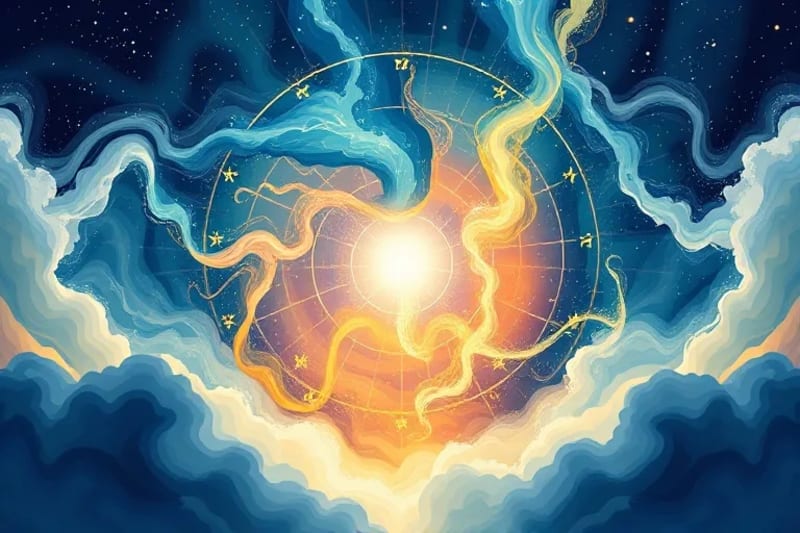 Pintura digital de un viaje del alma a través de un portal, con formas abstractas y líneas fluidas que simbolizan la integración de lecciones kármicas y la transformación personal.