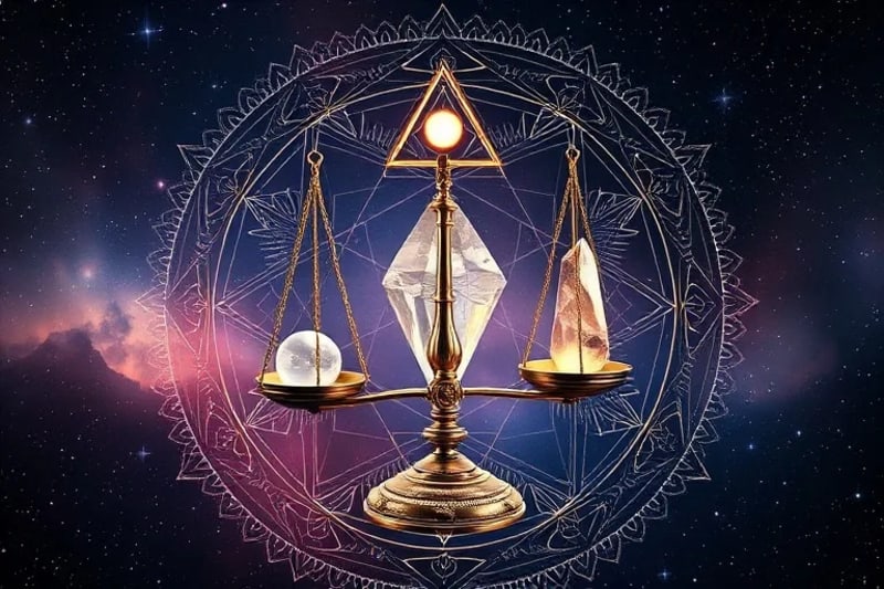 Render 3D de una balanza cósmica con orbes etéreos en un lado (karma pasado) y un cristal radiante en el otro (potencial futuro), suspendida en el vacío estelar con sombras de eclipse.