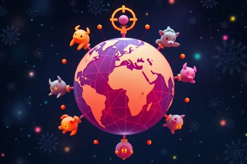 Infographic of data flow across a globe, with AI nodes connecting communities and showing positive energy evolution.