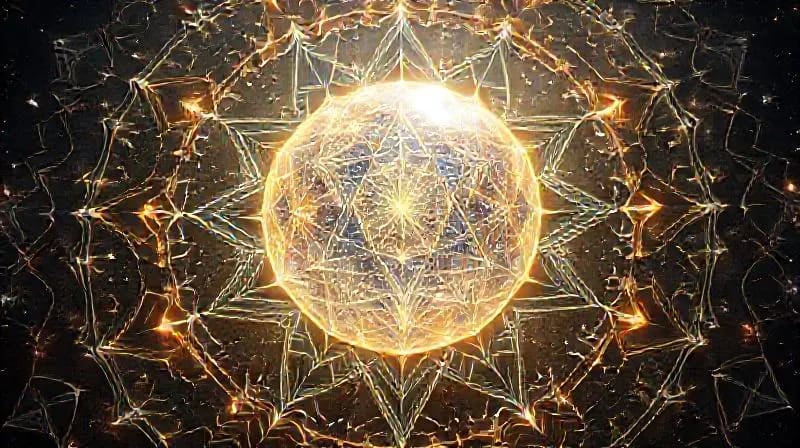 Conceptual still-life of a glowing crystal sphere surrounded by holographic digital devices and ancient symbols.
