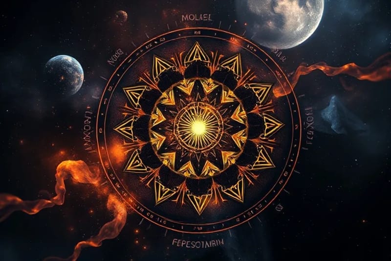 Representación abstracta de la dualidad cósmica y la fusión de luz y sombra, con símbolos zodiacales sutiles.
